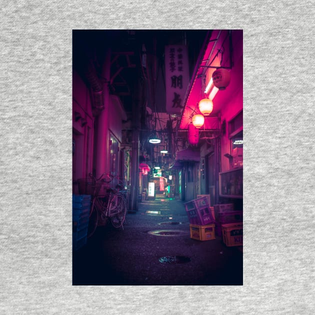 Synthwave Tokyo Neon Underworld Red Lantern in narrow dark alley by TokyoLuv